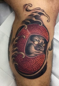 腿部彩色不倒翁的波浪纹身图案