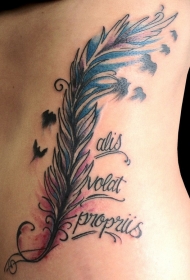 美丽的羽毛小鸟彩色背部纹身图案