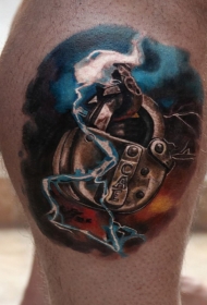 腿部现实主义风格的彩色闪电大锁纹身