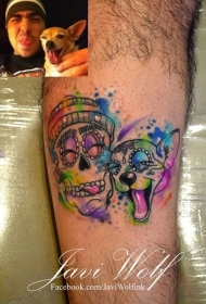 有趣的彩色微笑骷髅与狗纹身图案