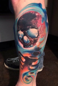 小腿五颜六色的神秘骷髅纹身图案