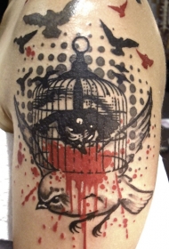 old school大臂彩色小鸟笼纹身图案