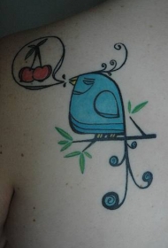 卡通鸟与樱桃彩色纹身图案