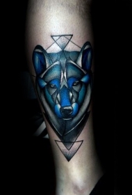 小腿new school几何彩色狼头纹身图案