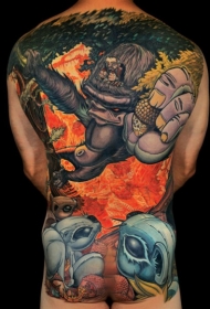 满背幻想卡通主题各种可爱的动物纹身图案