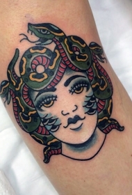 腿部彩色老学校的风格美杜莎蛇纹身