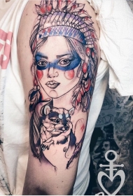 肩部素描风格的彩色印度妇女纹身