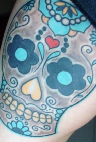 大腿蓝色墨西哥风格骷髅纹身图案