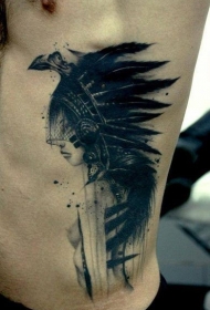 侧肋黑色神秘性感的印度面具女郎纹身图案