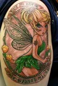 大臂new school彩色精灵和花朵字母纹身图案