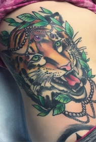 new school腹部老虎头像和珠宝纹身图案