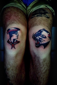 膝盖插画风格彩色水手和黑豹纹身图案