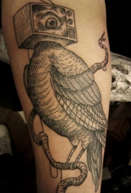 大腿超现实主义风格黑色电视机与小鸟纹身图案