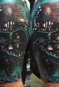 大臂插画风格彩色达斯面具死神纹身图案