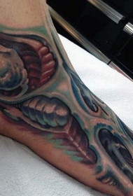 脚背七彩机械骨骼纹身图案