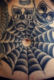 腹部黑色蜘蛛网与快乐和悲伤的面具纹身图案