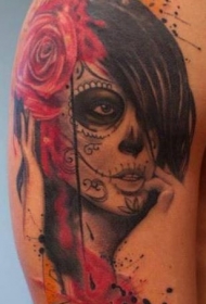 大臂水彩死亡女郎玫瑰泼墨纹身图案