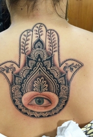 背部彩色法蒂玛之手与逼真的眼睛纹身图案