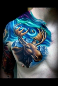 胸部有趣的幻想式麋鹿和山脉五彩纹身图案