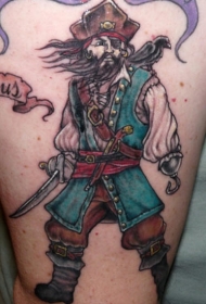 腿部彩色海盗船长纹身图案
