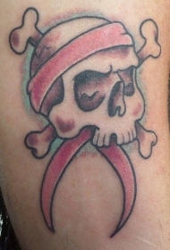 腿部彩色海盗骷髅头纹身图案