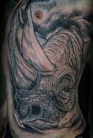 old school侧肋黑色大犀牛头纹身图案