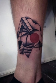 腿部不寻常的风格彩色几何纹身