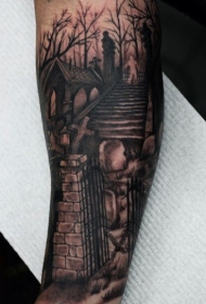 栩栩如生的花卉神秘墓地与幽灵纹身图案