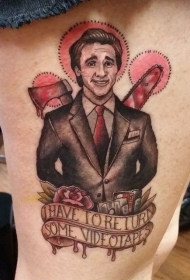 大腿卡通男性肖像与斧子字母纹身图案