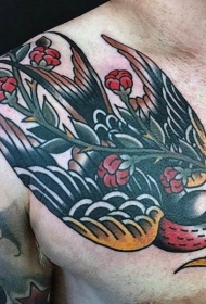 胸部old school彩色燕子花朵纹身图案