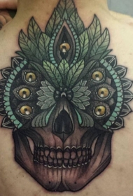 背部彩色的人类骷髅与羽毛纹身图案