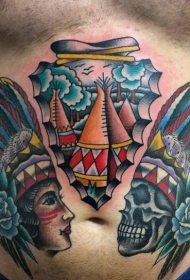 腹部老派风格的印度女人和骷髅纹身