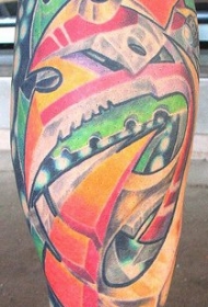小腿超现实彩色机械纹身图案