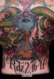 背部彩色血腥的沙漏玫瑰与蛇纹身图案