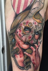 老派风格彩绘血腥女人面具纹身