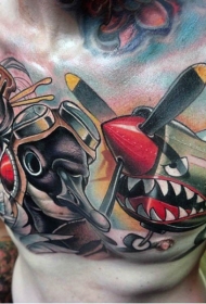 胸部有趣的彩色飞机与鸟类飞行员纹身图案