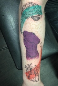 手臂雕刻式彩色人体大脑和心脏纹身图案