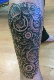 小腿生物力学机械齿轮纹身图案