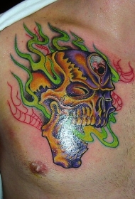 胸部鲜艳的骷髅纹身图案