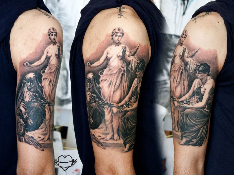 旧货风格彩色肩部古代雕像纹身图案