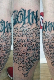 小腿插画风格黑色字母纹身图案