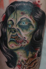 腿部老学校风格僵尸女人纹身图案