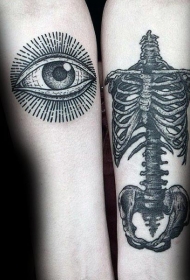 壮观的黑色点刺眼睛和人体骨骼纹身图案