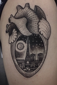 肩部黑色夜巴黎图片心脏纹身图案