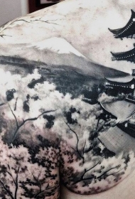 背部亚洲风格逼真的房子与山纹身图案