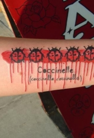 手臂现代风格的彩色瓢虫与字母纹身