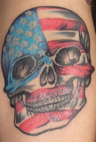 腿部彩色骷髅与美国国旗纹身图案