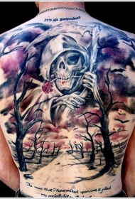 背部死神与镰刀玫瑰纹身图案