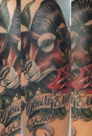 腿部彩色自然的山羊与字母纹身图案