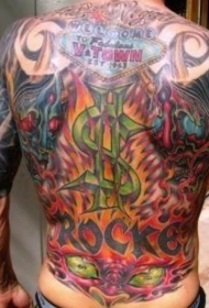 背部彩色赌场主题金钱标志纹身图案